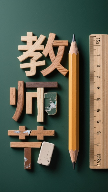 "教师节"文字，三个字的笔画由不同的文具拼接而成，放在一块简单的墨绿色背景上,画幅比例16:9预览效果