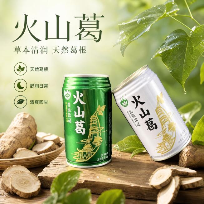 [单张主图] 火山葛草本饮品，高级天然感主图，突出葛根饮品清润舒爽特点，适配抖音平台，适合日常养生饮用。
[画面主体] 保留两款火山葛易拉罐产品外观（物理结构、材质质感、颜色）与输入产品图绝对一致，杜预览效果