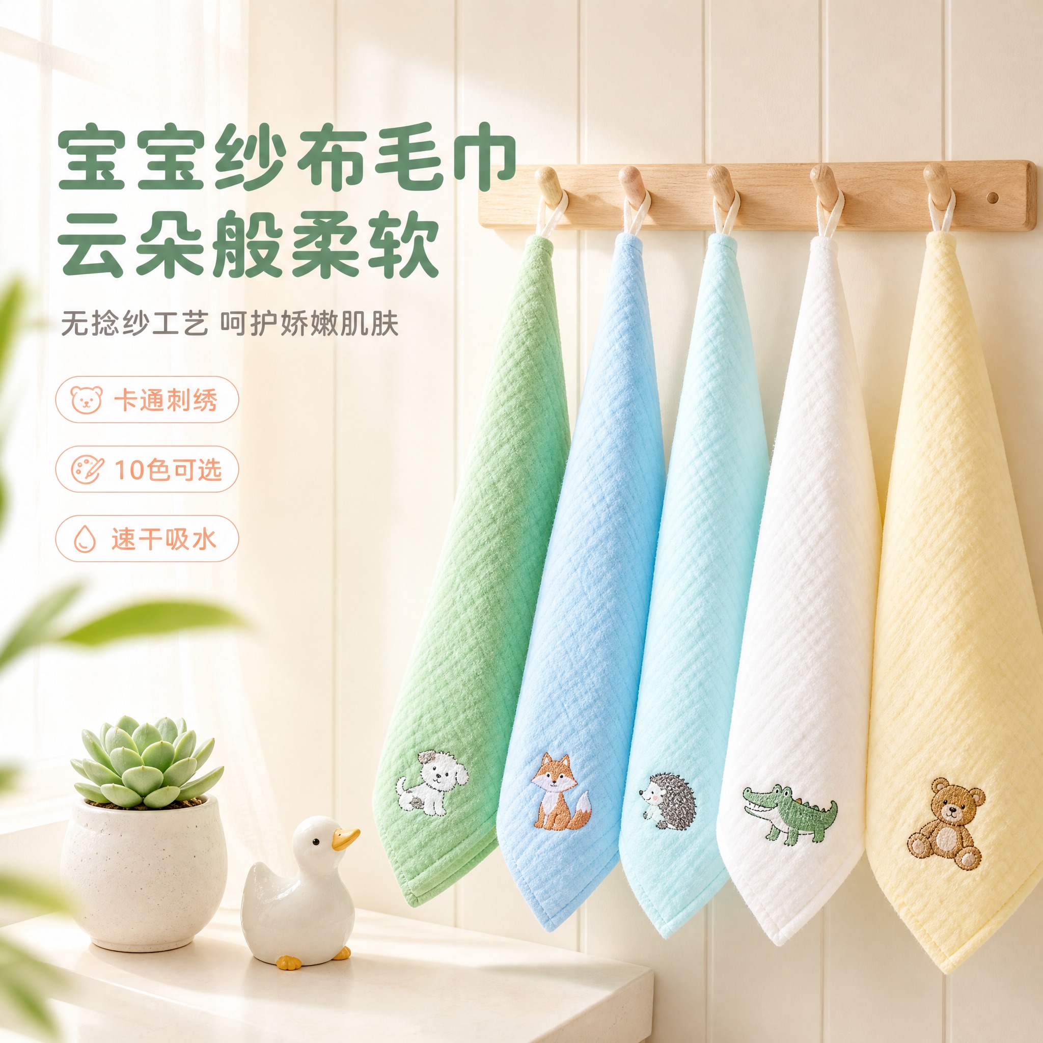 [主图-1] 首图英雄图，核心任务：展示儿童纱布毛巾多色多图案… - 图片创意预览