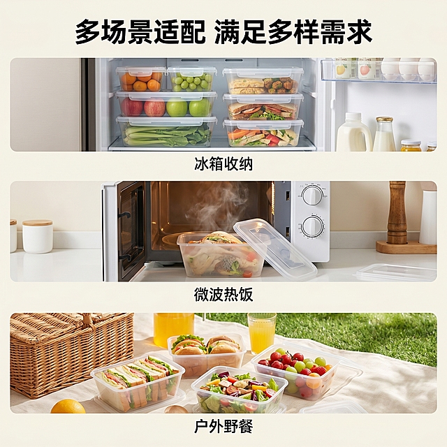 [主图 3] 科乐士保鲜盒多场景使用展示，突出实用性
[氛围风格] 简约实用风，自然生活化场景感，风格与前两图完全统一
[画质] 商业摄影质感，光线柔和通透，产品清晰真实，画面干净高级
[元素] 展示三个常见使用场景宫格：冰箱内分类收纳食材、上班族带饭微波炉加热、户外野餐打包分装；每个场景都放置本款保鲜盒，保持产品外观、材质、颜色与原图一致，杜绝变形色差。宫格分区清晰，整体排版舒适，商品主体展示清晰。画面满屏无边框。
[光影] 每个场景光影自然，整体光影方向和前两图保持统一，干净明亮，真实自然
[配色] 浅淡干净背景，保留产品包装绿色作为点缀，整体和全套主图配色统一
[视角构图] 三分宫格构图，每个场景占比均匀，视觉平衡，所有产品完整展示不裁切
[文字版式] 顶部主标题 "多场景适配 满足多样需求" 居中加粗；每个场景宫格下方标注场景名称：「冰箱收纳」「微波热饭」「户外野餐」，文字清晰，不遮挡产品
[比例分辨率] 1:1 比例，2k 分辨率，文字清晰锐利，超高清
[负向提示词] 变形，水印，文字错乱，产品图模糊，背景杂乱，场景遮挡产品，宫格比例失衡，风格不统一