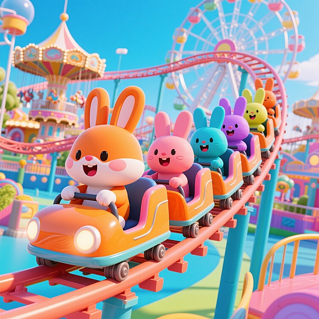 3D卡通风格，可爱的橘色宠物兔作为主角，在色彩鲜艳明亮的游乐场中，和一群不同颜色的兔子们一起乘坐过山车，过山车轨道蜿蜒曲折，背景有旋转木马和摩天轮，宠物兔们表情兴奋，画面充满欢乐氛围，高饱和度色彩，细节丰富，光线明亮
