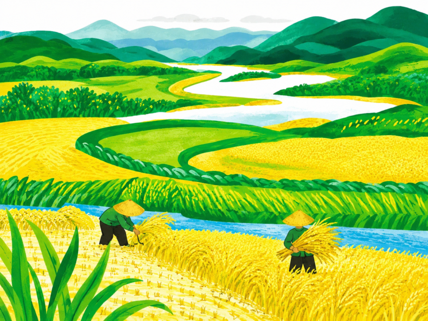 参考原图的扁平插画风格，重新生成丰收季节稻田农夫收割的乡村山水画面，保持黄青配色和整体构图预览效果