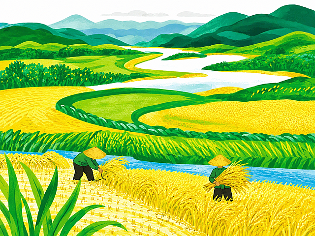 参考原图的扁平插画风格，重新生成丰收季节稻田农夫收割的乡村山水画面，保持黄青配色和整体构图