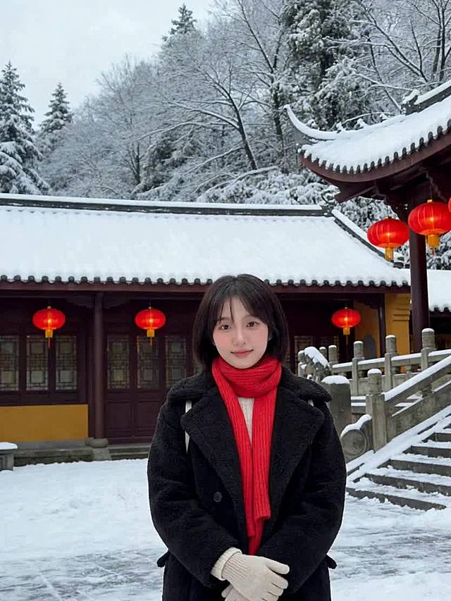 画面里的这个女生在面向镜头，慢慢倒退，背景是四川峨眉山，她站在峨眉山寺庙前，地上、寺庙的屋檐上、台阶上都盖着雪，屋檐下挂着红灯笼，到处都充满着新年氛围。女生用四川方言热情祝福：「马年到略！我在四川峨眉山祝恁娃鸿福齐天，万事都顺意噻！”」，整体画面年味浓郁、氛围感拉满，光影温暖喜庆，适配春节新春氛围。