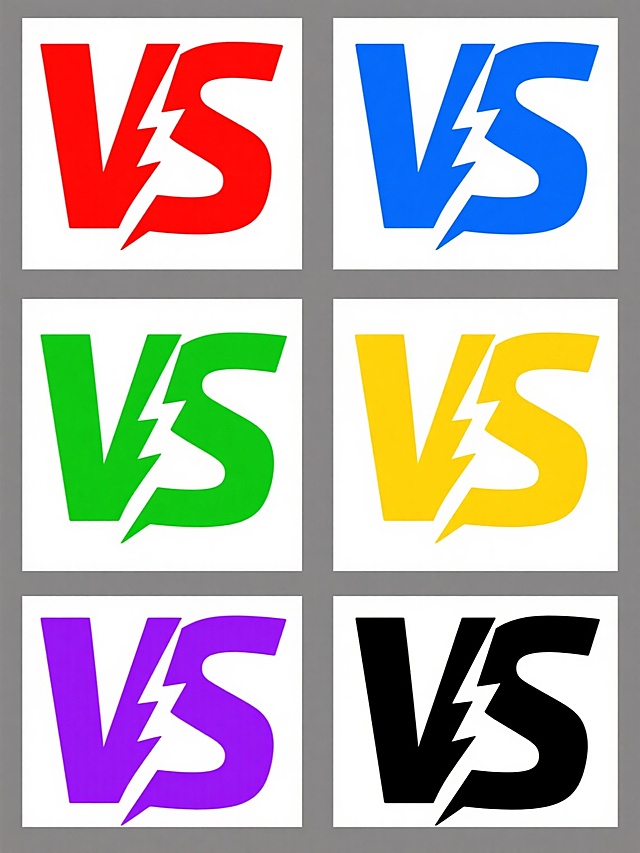 六个相同设计的"VS"标志组合，每个标志采用不同纯色填充，分别为红色、蓝色、绿色、黄色、紫色和黑色，白色背景，标志由粗壮的无衬线字母"V"和"S"组成，字母边缘锐利，"V"的左侧和右侧各有一道闪电状的白色切割线条，整体呈对称布局，标志排列成两行三列的规整网格，保持统一的大小和间距，设计简洁现代，具有强烈的视觉冲击力和识别度。
