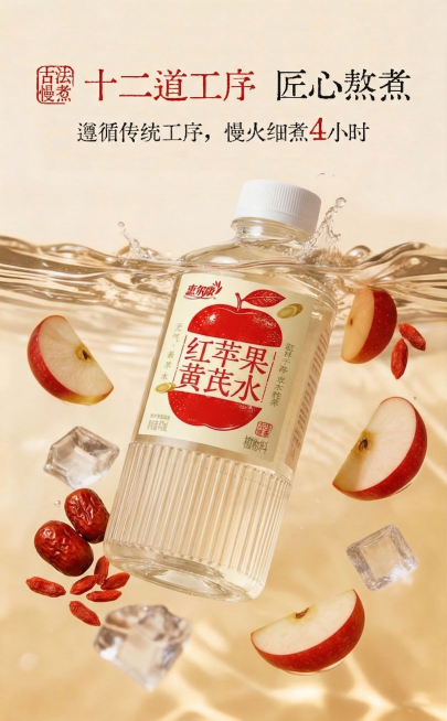 参考图构图，将原产品替换为新的红枣苹果枸杞水瓶子，保持瓶子主体物理结构不变，保持标签上文字和Logo原样不变。保留原画面水中产品的构图，将黄芪替换为红枣和枸杞，瓶中液体改为淡黄白色，整体画面色调保持自预览效果