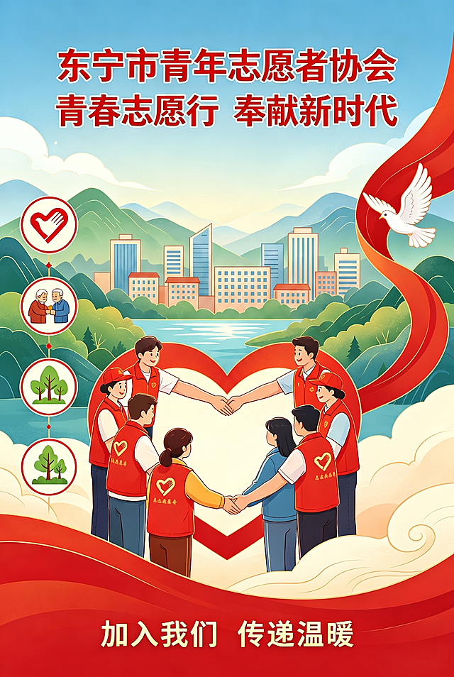 按照参考图的风格设计一张东宁市青年志愿者协会的宣传海报，风格为红色扁平风插画，内容包含：上方红色大字标题"东宁市青年志愿者协会"，副标题"青春志愿行 奉献新时代"，画面中心是身穿红色志愿者背心的青年志愿者们手拉手围成心形，背景为东宁市城市建筑、青山绿水，左侧有志愿服务图标，右侧有和平鸽和红色飘带，底部红色区域写有白色文字"加入我们 传递温暖"，整体积极向上，充满青春正能量。
