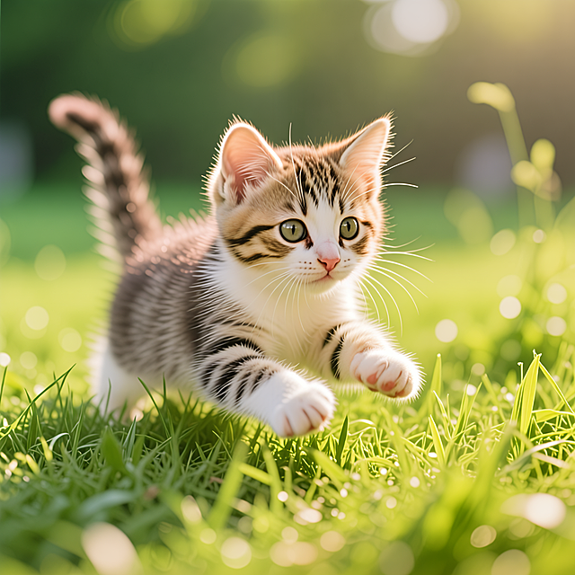 可爱的小猫在草地上玩耍，阳光明媚