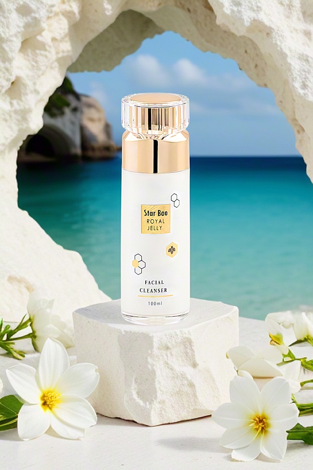 产品放在白色海盐石洞内，石洞外是海洋，白色花朵点缀