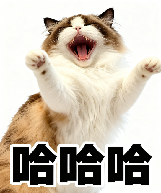 将图中的橘白猫咪替换为图二的棕白布偶猫，保持猫咪大笑的姿势、白色背景和下方“哈哈哈”的黑色粗体文字不变预览效果
