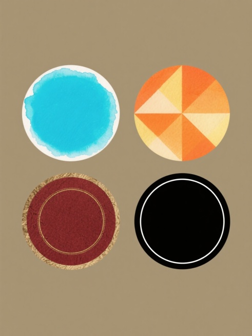 四个不同风格的圆形图案集合，规整排布在纯色背景上。第一个圆形是水彩风格，边缘有柔和的晕染效果，内部填充明亮的天蓝色；第二个圆形是几何风格，由多个三角形拼接而成，呈现出橙色和黄色的渐变；第三个圆形是复古风格，边缘有纹理质感，内部是深红色，带有金色的装饰线条；第四个圆形是极简风格，纯黑色圆形，边缘有细微的白色描边。每个圆形都保持独立，整体布局对称平衡。预览效果