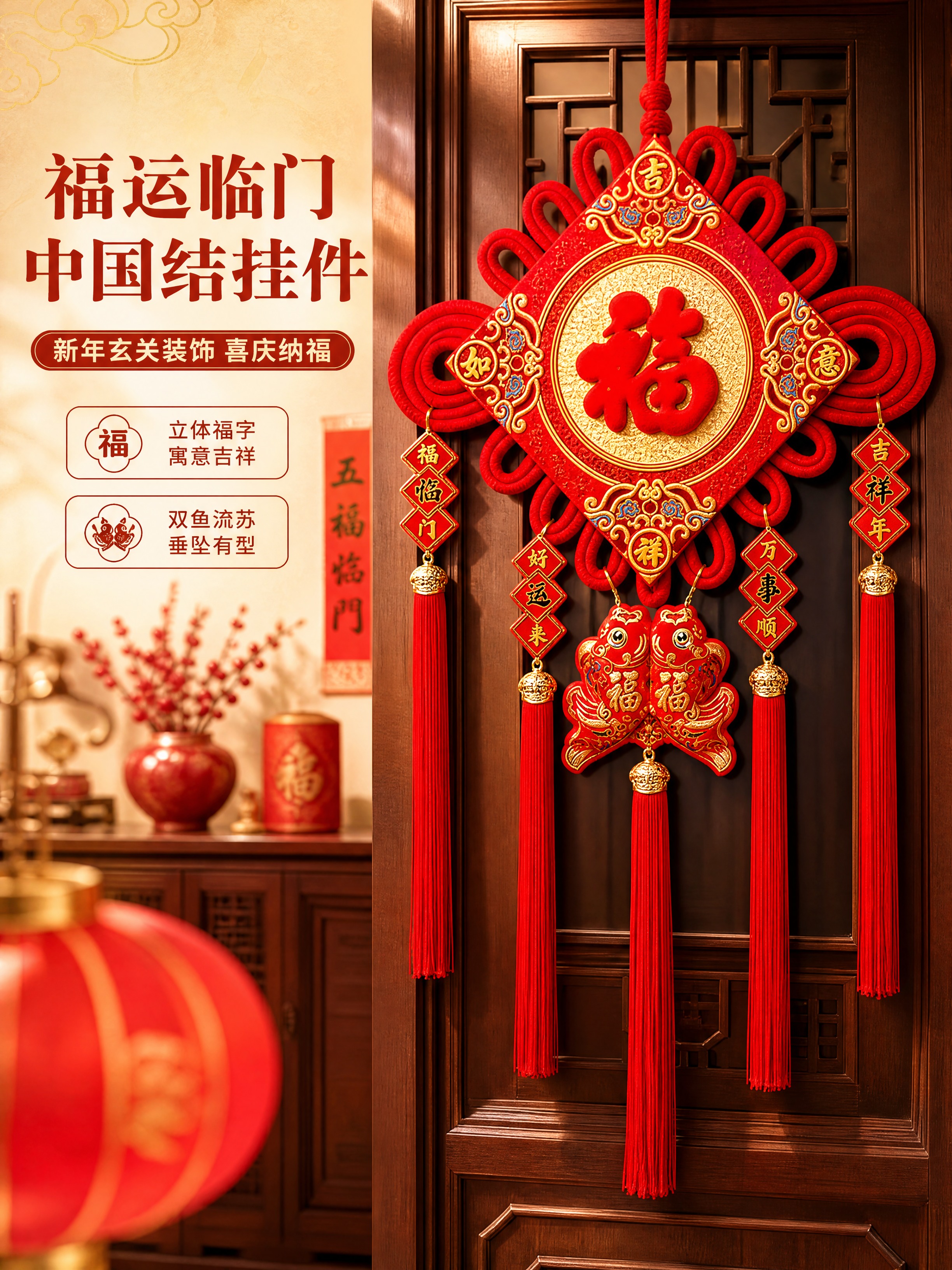 [商品] 使用【图1】福字中国结挂件；保留红色菱形主体、金色圆… - 图片创意预览