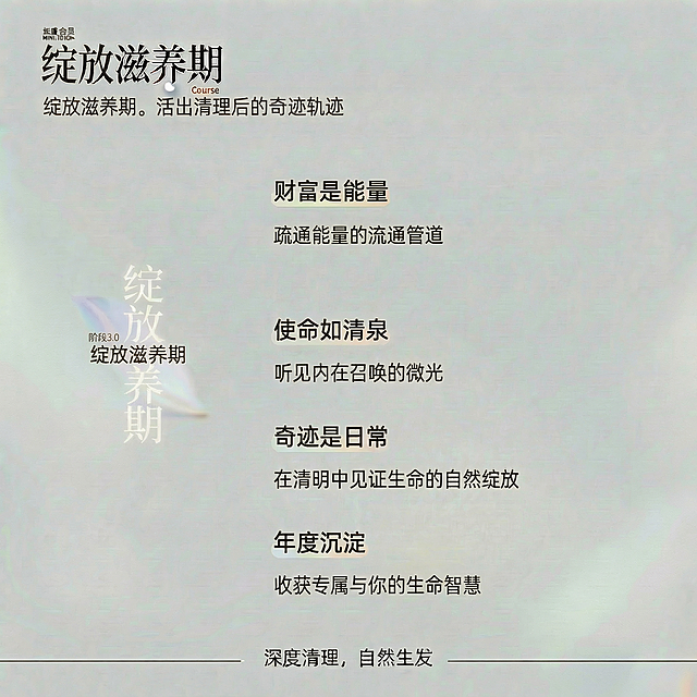绽放滋养期。活出清理后的奇迹轨迹  财富是能量 疏通能量的流通管道  使命如清泉 听见内在召唤的微光 奇迹是日常 在清明中见证生命的自然绽放 年度沉淀 收获专属与你的生命智慧「图片1」阶段3.0。智慧变成绽放 绽放滋养期