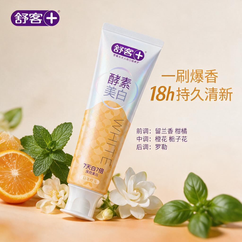 高端商业产品摄影图，1:1正方形构图，画面中心主体是一支舒客酵… - 图片创意预览
