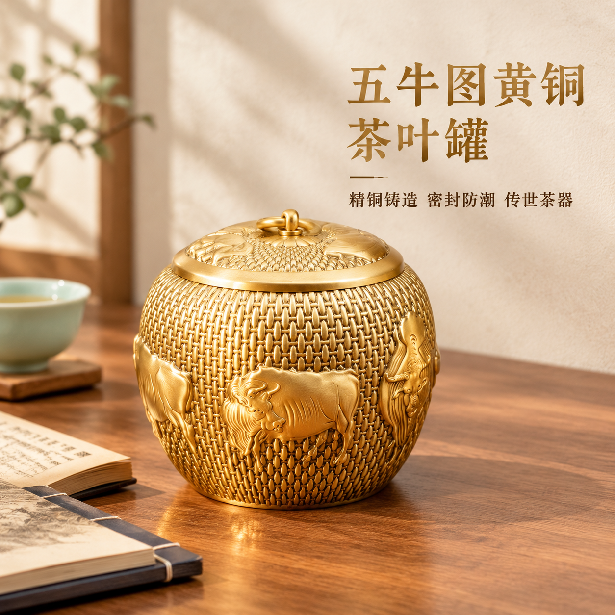 [主图-1] 五牛图黄铜茶叶罐 空间氛围英雄主图 突出产品整体… - 图片创意预览
