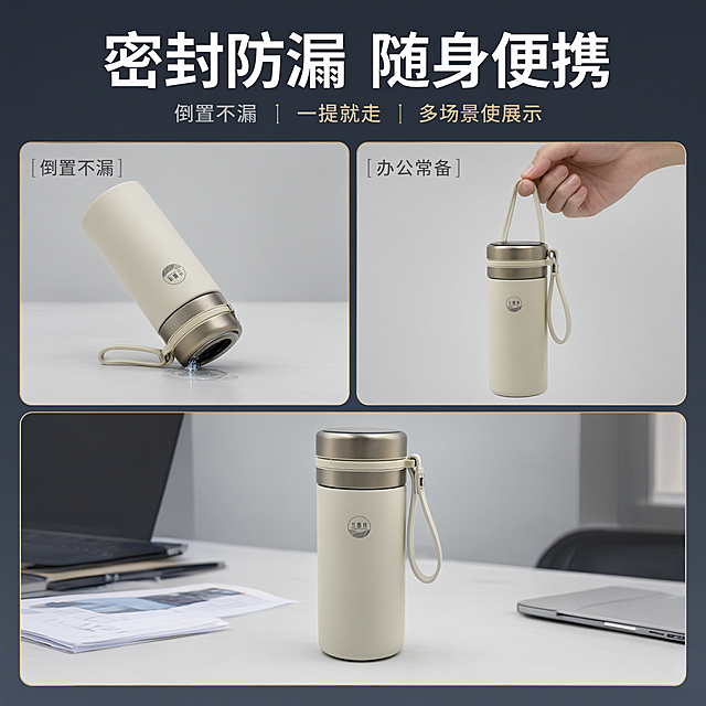 [主图-5] 主题：密封防漏 便携提绳 多场景使用展示。
[统一基调] 拼多多平台商务风格主图，整体简洁高级有品质感，背景为深灰蓝渐变商务风，主标题白色粗体大字，辅助文案浅灰色，强调色用香槟金，字体为无衬线粗体，字号层级分明，卡片用细金边圆角样式，画面干净不杂乱，突出性价比与高端感。
[画面] 画面采用三宫格布局，展示三个商务场景：左上格展示保温杯倒放或倾斜在桌面上，杯口朝下不漏水，体现密封防漏；右上格展示一只手握着提绳拎起保温杯，展示便捷提绳设计，手部只显示手腕和手掌部分，不出现面部；下方大格展示保温杯放在商务办公桌面上，旁边有笔记本电脑、文件等办公用品，营造商务办公场景。米白色保温杯作为主体，贯穿三个场景。背景统一为浅灰商务色调。
[光影质感] 商业摄影质感，每个场景光影自然，产品质感统一，办公场景光线明亮柔和。
[配色] 主背景浅灰调，各宫格场景色自然，主标题白色，文字深灰，整体干净商务。
[文字版式] 顶部大标题"密封防漏 随身便携"，三个宫格分别标注"倒置不漏""一提就走""办公常备"，文字简洁明了，横排排列。
[输出要求] 比例1:1，2048x2048，产品清晰不变形，只出现手部不出现面部，文字清晰无错字，禁止水印，禁止平台Logo。