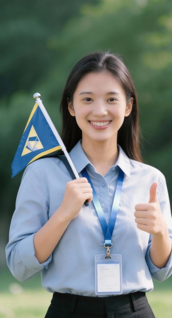 另外一只手拿 着旗子，旗子靠在肩膀上，一只手竖起大拇指。预览效果