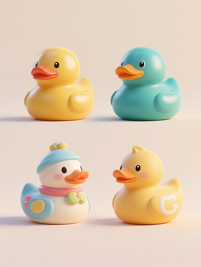 4个不同配色、不同样式、不同造型的卡通橡胶鸭子，保持3D立体圆润造型、光滑亮泽的塑料质感、简洁可爱的卡通风格，上下两行对齐排列，浅色背景，每个鸭子拥有独特的色彩搭配、装饰元素和姿态，光影柔和，高光和阴影过渡自然，整体构图平衡，视觉统一且富有变化。