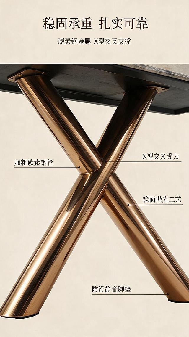 [第4张] 结构支撑页-碳素钢金色交叉桌腿承托结构解析。本张使用【图1】桌腿部分作为主体。
[氛围/风格] 结构解析风，工业质感，专业可信，商业摄影质感。
[元素布局] 画面主体为餐桌下半部桌腿结构特写，占比约60%；金色交叉桌腿居中展示，突出X型交叉支撑结构；周围用引线标注关键结构点：加粗碳素钢管、交叉受力点、底部防滑脚垫、镜面抛光工艺；桌腿金色质感、交叉造型与输入产品图一致。
[光影质感] 侧逆光勾勒金属轮廓，桌腿镜面高光清晰，金属质感强烈，阴影层次分明。
[配色色系] 全局底色 #F5EFE6（米杏暖调）；主色金色金属；辅助色深棕、黑色引线标注。
[视角构图] 微仰视角度，突出桌腿力量感，阅读动线从中心向四周扩散。
[文字版式] 顶部主标题「稳固承重 扎实可靠」，副标题「碳素钢金腿 X型交叉支撑」；画面四周4个引线标注：「加粗碳素钢管」「X型交叉受力」「镜面抛光工艺」「防滑静音脚垫」；文字清晰可读。
[比例分辨率] 9:16竖版比例，1K分辨率，文字清晰可辨，高清画质。
[负向提示词] 桌腿变形，结构错误，颜色偏差，水印，文字错乱，产品图模糊。