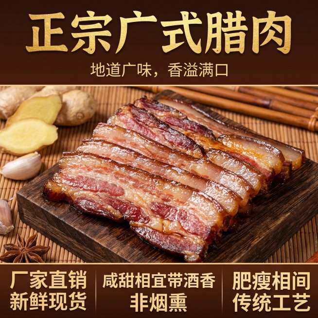 这张图片是产品主体这款产品是广式加瘦腊肉 我需要设计20张主图在拼多多上面售卖    主图场景布局可以用厨房 炒腊肉 腊肉细节等设计一个高级有食欲一些主图文案内容 正宗广式腊肉 厂家直销 新鲜现货 咸预览效果