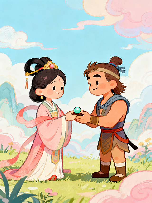 儿童绘本风格，西王母娘娘将长生不老仙丹送给后羿，后羿接过仙丹，温馨画面，可爱卡通人物，明亮马卡龙色系，适合幼儿园小朋友