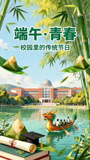 端午节主题国潮插画风海报，明亮清新风格，大学校园场景中融入粽子、龙舟、艾草元素，装饰有粽子、竹叶、书卷、学士帽、龙舟桨，营造青春活力传统节日与校园结合的氛围，主色调为竹绿+粽叶青+暖黄预览效果
