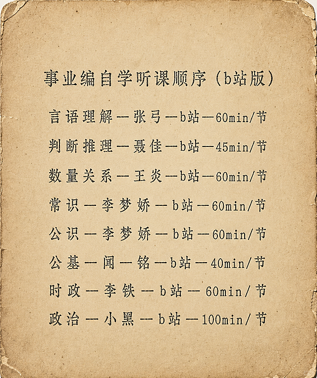 将这张事业编听课顺序表改造成复古打字机风格。背景为浅棕色牛皮纸质感，带有轻微做旧纹理和纸边磨损效果。所有文字使用复古打字机字体，深墨色，带有轻微打字不均匀的质感。文字内容完全保留原样：标题为「事业编自学听课顺序（b站版）」，下方依次为：言语理解—张弓—b站—60min/节、判断推理—聂佳—b站—45min/节、数量关系—王炎—b站—60min/节、常识—李梦娇—b站—60min/节、公识—李梦娇—b站—60min/节、公基—闻—铭—b站—40min/节、时政—李铁—b站—60min/节、政治—小黑—b站—100min/节。整体排版简洁居中，文艺复古感强，画面干净。