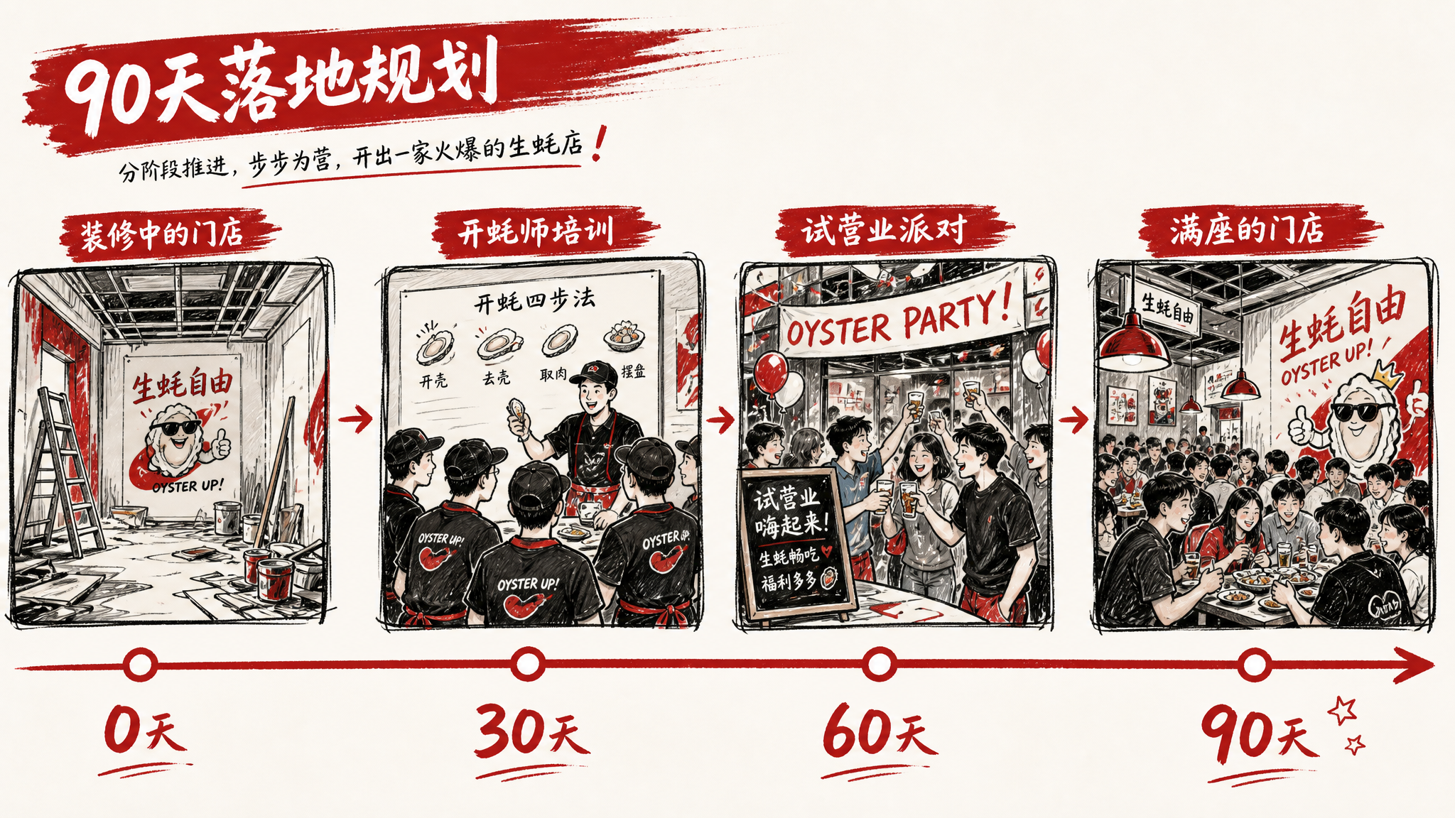 PPT落地规划页设计，手绘涂鸦风格，红白主色调。一条横向时间轴… - 图片创意预览