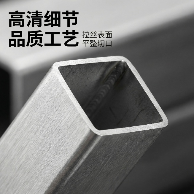[主图 3] 不锈钢管材细节特写展示
[氛围/风格] 工业微距质感，突出材质品质
[画面元素] 放大展示不锈钢管材的切口细节和金属表面拉丝纹理，聚焦管材的光滑切面和工整焊缝，保留管材原有外形特征，背景预览效果