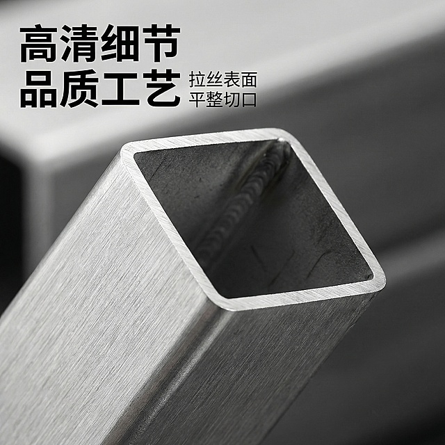 [主图 3] 不锈钢管材细节特写展示
[氛围/风格] 工业微距质感，突出材质品质
[画面元素] 放大展示不锈钢管材的切口细节和金属表面拉丝纹理，聚焦管材的光滑切面和工整焊缝，保留管材原有外形特征，背景做模糊虚化处理，突出细节本身，硬光打光强调金属质感和锐利边缘
[配色色系] 主色调：不锈钢银灰，背景：深灰工业质感，光影对比强烈
[视角构图] 微距特写视角，切口居中，景深较浅突出细节
[文字版式] 左上角小标题“高清细节 品质工艺”，黑色粗体，旁边小字“拉丝表面 平整切口”，字体简洁，不遮挡核心细节区域
[比例分辨率] 1:1 比例，2k 分辨率