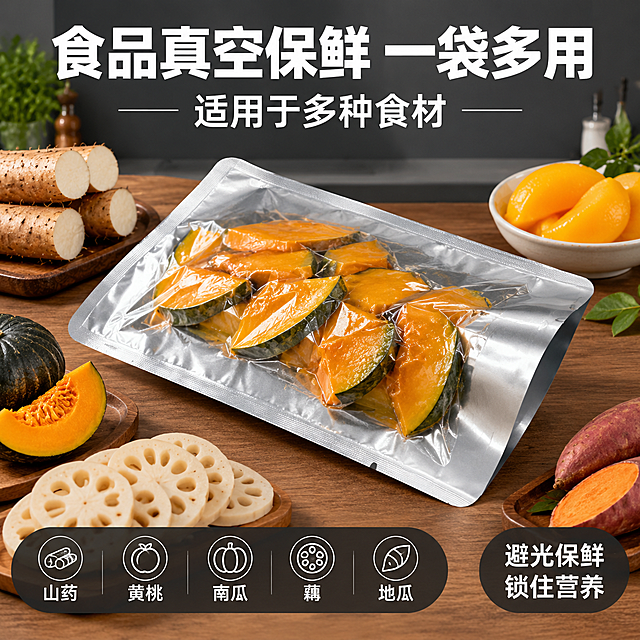 [主图-4] 食物包装效果场景图，展示铝箔真空袋用于食品包装的真实场景，体现山药、黄桃、南瓜、藕、地瓜等食材的包装效果。
[统一基调] 拼多多风格，大字直白性价比感，深灰渐变高级背景，主标题白色粗体大字，辅助文案浅灰色，强调色用金属银，字体为无衬线粗体，信息卡片用半透明深色圆角底板，整体高级工业风。
[画面] 画面中央展示一个银色铝箔真空袋，袋内装有食品（呈现真空包装后的饱满形态），产品占画面约50%，保持铝箔袋原有形状、颜色、材质、圆形端头和透视角度不变。周围摆放新鲜食材：山药段、黄桃块、南瓜片、藕片、地瓜块，展示这些食材都可以用该铝箔袋包装。背景为真实厨房台面场景，木质台面搭配深色背景墙，营造真实食品包装场景感。画面真实自然，无宣传泡沫元素。
[光影质感] 真实厨房自然光质感，柔和侧光，铝箔袋表面有自然金属反光，食材新鲜有光泽，整体画面真实有质感，产品与场景融合自然。
[配色] 背景厨房暖色调，食材自然色，铝箔袋银色金属质感，文字白色。
[文字版式] 顶部大标题"食品真空保鲜 一袋多用"白色粗体大字，下方副标题"适用于多种食材"中号白色字。底部排列5个小图标+文字："山药""黄桃""南瓜""藕""地瓜"，白色文字配深色半透明圆角底。右下角标注"避光保鲜 锁住营养"。
[输出要求] 1:1正方形，2048*2048，文字清晰可读，产品清晰不变形，禁止产品变形、禁止改变圆形端头形状、禁止改变透视角度、禁止减少产品、禁止改变产品颜色、无水印、无平台Logo、无宣传泡沫元素。