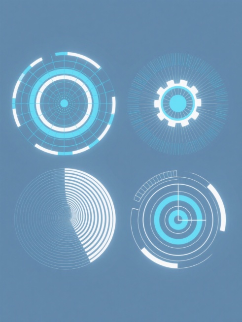 极简科技风格系列素材集合，纯色背景，四个完全不同造型的同心圆扫描元素规整排布。每个元素均保持原有的科技感线条、网格纹理和蓝色渐变光效核心特征，但造型各具特色：第一个为多层嵌套的环形雷达扫描图案，中心有精密圆点；第二个是带有放射状线条的齿轮状同心圆结构；第三个呈现螺旋上升的扫描波纹效果；第四个则是由多个大小不一的同心圆组成的靶心状图案。所有元素均采用相同的蓝白配色方案、数字科技感线条质感和光影效……预览效果