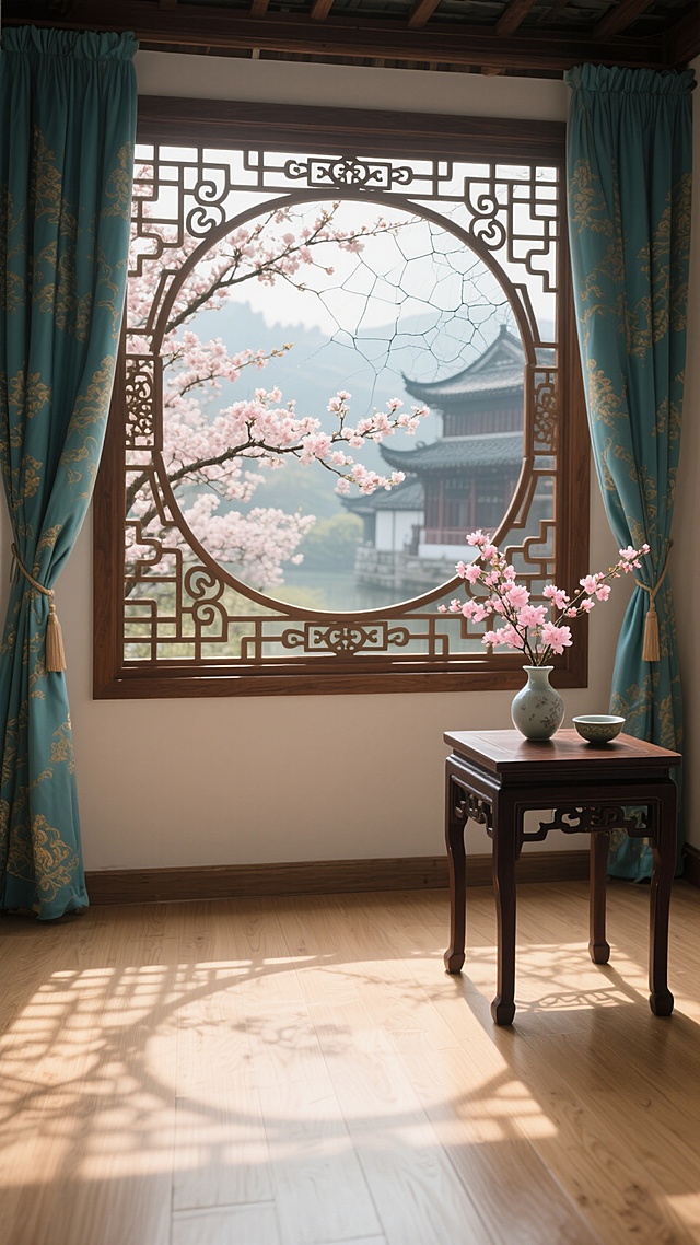 古风室内场景，温暖柔和的晨光透过木质雕花窗棂洒入，窗外是盛开的樱花树枝和远处的古典建筑群，房间内左侧摆放着一张深色木质案几，上面有插着粉色花枝的花瓶和茶碗，两侧悬挂着蓝绿色带有金色花纹的垂落窗帘，地面为浅色木质地板，阳光在地面形成窗格的投影，画面整体呈现宁静雅致的东方美学氛围，窗户的雕花屏风样式变换为圆形冰裂纹与如意纹相结合的传统镂空图案。