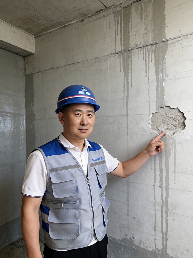 参考图中保留人物脸型、发型、年龄等特征生成防水维修施工现场职场形象照，真实工地施工现场风格，标准焦段50mm,f/4光圈(f/2.8-f/4区间),平视视角(镜头与人物视线齐平);人物占画面70%,人物居中(居中构图),位于画面中心,为视觉聚焦点,入境范围头部及以下至臀部下方10cm(半身像);左右留少量背景空间;头部与画面顶部保留5%空间;头部发型完整,头肩比例协调,人物结构准确;发质微微柔顺，微微蓬松。身穿蓝灰拼色反光安全背心，蓝色安全帽，内搭白色高支棉衬衫;下装黑色长裤;着装专业干练，专业可靠，身形匀称，姿态端正，身体挺拔。保持原图右手食指指向墙面漏水点的自然姿态，肢体专业自然。真实防水维修施工现场背景，能看到墙面渗水和空鼓痕迹，自然光，真实工程氛围，背景自然;32k画质超高分辨率、细节清晰,现代写实风格;肤质精细化处理;眼神自然，表情专业自然。健康清透哑光肌,肤色均匀白皙,细腻平滑无瑕,保留真实毛孔纹理,自然提亮｡正面柔光补光,4800K中性光,面部光比1:1.5｡中近景写实摄影,对焦清晰,面部雾面柔光,轻透裸肌感,高清保留皮肤细节｡分辨率4K,保留施工现场元素，严格按照图片内容生成。画面比例3:4
