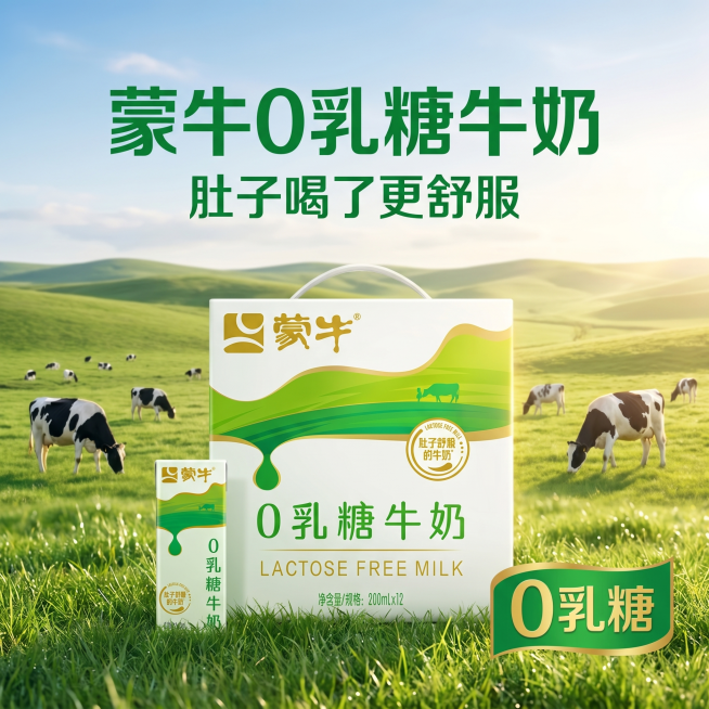 [主图 1] 蒙牛0乳糖牛奶产品场景首图，突出核心卖点。
[氛围风格] 清新自然健康风，场景化食欲感氛围
[画质] 商业摄影质感，光线柔和通透，产品清晰真实，画面干净高级
[元素] 蒙牛0乳糖牛奶整箱预览效果