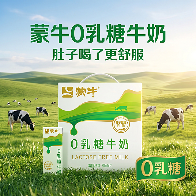 [主图 1] 蒙牛0乳糖牛奶产品场景首图，突出核心卖点。
[氛围风格] 清新自然健康风，场景化食欲感氛围
[画质] 商业摄影质感，光线柔和通透，产品清晰真实，画面干净高级
[元素] 蒙牛0乳糖牛奶整箱礼盒和单盒包装居中展示，背景融入绿色草原牧场，干净清新草地与散养奶牛点缀，保持产品外观（物理结构、材质质感、颜色）与输入产品图绝对一致，杜绝任何变形和色差，精细化处理。商品主体占比严格控制在65%左右，画面满屏无边框。
[光影] 自然暖阳逆光从侧后方照射，勾勒产品轮廓，通透不灰蒙，主光柔和突出主体，辅光草原环境反射补充亮度，高光不溢，暗部有层次
[配色] 主色调清新浅绿和产品本白，辅助色金色，整体干净清爽
[视角构图] 平视拍摄，产品主体清晰，前景中景背景分层，景深适中
[文字版式] 顶部负空间居中对齐留安全边距，主标题 "蒙牛0乳糖牛奶" 绿色最大号粗体无衬线字体；副标题 "肚子喝了更舒服" 约一半大小，同色系；核心卖点"0乳糖"标签设计放置右下角，清晰突出。文字与背景对比强烈，不遮挡产品主体
[比例分辨率] 1:1比例，2k分辨率，文字清晰可辨，超高清
[负向提示词] 变形，水印，文字错乱，产品图模糊，背景杂乱，色块遮挡，色彩刺眼
