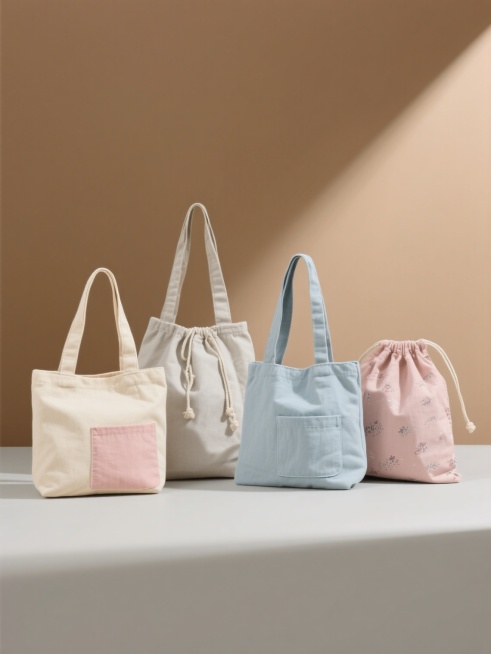 一组4个不同配色、不同样式、不同材质的帆布包，采用干净简约风格，符合现实逻辑，适用于素材使用。每个帆布包具有独特的设计细节，如不同的颜色搭配（如米色、浅灰、淡蓝、粉色等柔和色调）、多样的样式（如简约款、带口袋款、抽绳款、印花款等）和各异的材质质感（如粗帆布、细帆布、水洗帆布、棉麻混纺帆布等）。整体呈现出清晰的产品摄影风格，柔和的光线从侧上方照射，在浅棕色背景和浅灰色台面上形成自然的阴影，突出帆……预览效果