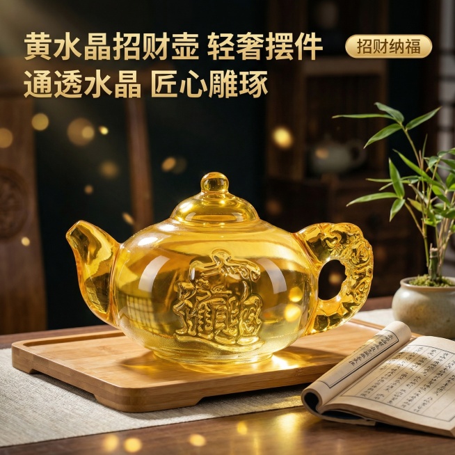 [主图1] 黄色水晶玻璃小壶摆件首图，轻奢新中式风格，柔和暖光打光，通透高级感。黄色水晶小壶居中完整展示，主体占比60%，背景为新中式雅致茶室桌面，搭配浅棕色实木茶盘、半开的线装书和绿色文竹点缀，暖金预览效果