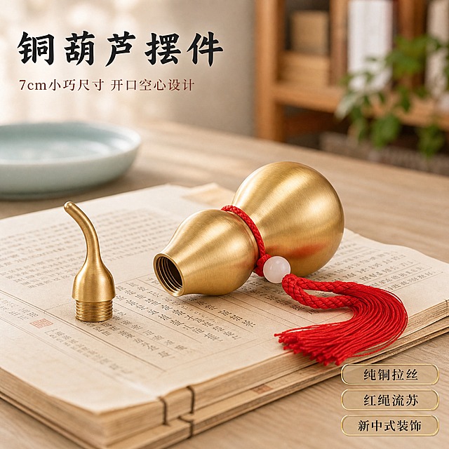 [主图-1] 7cm铜葫芦摆件空间氛围英雄图，突出新中式雅致品质感。
[统一基调] 京东风格，简洁稳重，文字占比<30%，一图一重点。背景主色为浅米白+原木色新中式书房场景，标题字色为深墨色，辅助字色为赭石红，强调色为金色。主标题使用阿里妈妈东方大楷，辅助说明文字使用思源宋体。整体光源为午后自然光，从左上方斜射，柔和温暖。
[画面] 产品为7cm开口空心铜葫芦摆件，纯铜拉丝金色质感，红绳编织配白色圆珠和红色流苏，葫芦盖可旋开带螺纹。铜葫芦横放在一本线装古籍书页上，古籍置于浅原木色书桌上。背景虚化呈现新中式书房一角：浅青色瓷盘、木质书架、隐约的绿植点缀。铜葫芦为画面绝对主角，主体占比约65%，45°侧视角度，完整展示葫芦造型、红绳流苏和旋开的葫芦盖。桌面有柔和接触阴影。
[光影质感] 商业摄影质感，午后自然光从左上方照射，铜葫芦表面呈现细腻拉丝纹理和柔和金属反光，高光自然不过曝，阴影层次丰富，古籍书页纹理清晰可见。
[配色] 背景浅米白+原木色+浅青色点缀，产品金色为主，红绳流苏为暖红色点缀，整体色调温暖雅致，新中式氛围浓厚。
[文字版式] 左上角主标题用阿里妈妈东方大楷写"铜葫芦摆件"，下方思源宋体小字写"7cm小巧尺寸 开口空心设计"。右下角轻标签三个："纯铜拉丝"、"红绳流苏"、"新中式装饰"，标签为细金线边框圆角矩形，文字深墨色。文字均放在负空间，不遮挡产品主体。
[输出要求] 比例1:1，2048x2048，文字清晰可读，产品清晰锐利，金属质感真实。禁止变形、错字、模糊、杂乱背景、水印、京东Logo、平台标识、绝对化用语。