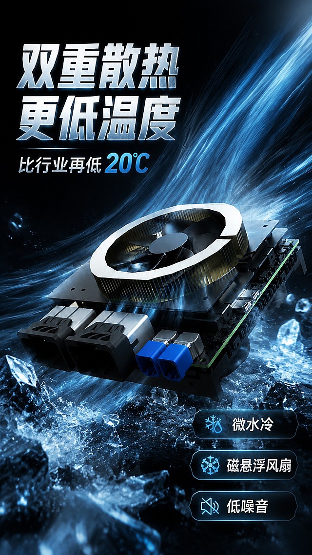 [第1屏] 详情页头图-双重散热散热模组新品宣传海报，本屏使用【图1】作为商品主体。
[氛围/风格] 深色科技性能风，专业数码质感，凸显散热性能优势。
[元素布局] 散热模组放置在画面视觉中心，占比约65%-75%，产品物理结构、比例轮廓、关键部件、材质质感保持与输入图一致，底部添加冰块元素烘托低温效果，背景搭配流动冷色光效体现风冷效果。
[光影质感] 顶部冷光漫射，产品边缘保留清晰金属高光，暗背景对比突出主体，明暗层次分明。
[配色色系] 全局底色 #111111，主色深黑，辅助色冰蓝、浅金，点缀冰块透明质感。
[视角构图] 45°斜侧视角，景深效果，主体突出，阅读动线从上到下：主标题→产品→底部卖点。
[文字版式] 大标题压迫型版式，顶部大字主标题「双重散热 更低温度」，副标题「比行业再低20℃」，主副标题左对齐，右下角三个卖点胶囊标签分别标注「微水冷」「磁悬浮风扇」「低噪音」，文字不遮挡主体产品，文字清晰可读。
[比例分辨率] 9:16竖版比例，4K分辨率，高清画质，文字清晰可辨。
[负向提示词] 产品变形，缺件错件，颜色偏差，文字错乱，水印，产品图模糊，背景杂乱