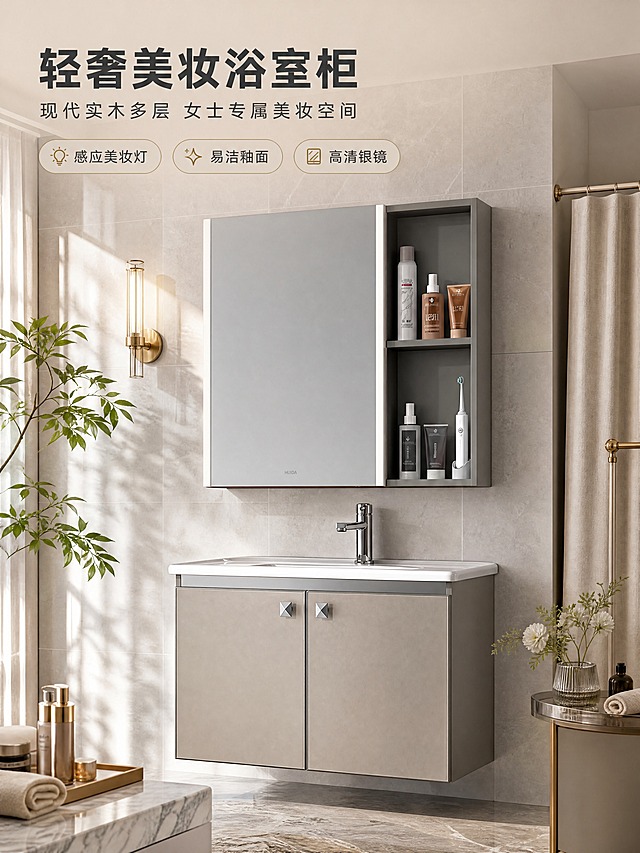 [商品] 使用【图1】惠达卫浴浴室柜 HFL0705-8156NC-XK；保留镜柜+主柜+陶瓷台盆+银色水龙头的完整结构，保留柜体浅灰卡其色、镜门灰色、右侧开放式格架、双门柜体、菱形金属拉手的外观特征，保留产品比例与材质质感；商品处理：清晰化柜体木纹与釉面光泽，增强金属五金质感，不改变结构与颜色。
[画面] 目标：轻奢卫浴空间头图，展示产品全貌与高级氛围感；上文下景型，顶区约1/4为文案区，下区为现代轻奢卫浴实景大场景；产品居中偏下，占画面约55%，正面微侧角度；前景为大理石台面与台盆，中景为浴室柜主体，后景为浅灰色瓷砖墙面、金属壁灯、绿植与浴帘等软装，3层以上环境元素；暖调自然光从左侧照入，营造整洁高级的晨间卫浴氛围。
[视觉] 套系策略：风格=现代轻奢高级商业卫浴摄影；标题字=现代无衬线粗黑体；正文字=简洁无衬线体；主色=浅灰卡其+高级灰；背景延展=基于浅灰卡其做深浅层级、同色渐变和细腻石材/瓷砖质感；强调色=香槟金，仅用于小面积图标、引线和标签；标题色=深炭灰；正文色=中暖灰；组件=圆角浅底信息卡、细线引线、香槟金icon；光影=左前侧暖柔光，釉面与金属有自然高光。
[文字] 顶区文案区左对齐：主标题「轻奢美妆浴室柜」（8字），副标题「现代实木多层 女士专属美妆空间」（14字），下方3条亮点胶囊框：「感应美妆灯」「易洁釉面」「高清银镜」；文字不遮挡产品主体与镜柜。
[规格] 图片比例3:4竖版，4K分辨率，抖音电商适配，中文文案，避免变形、错字、文字过小、冷蓝背景、产品颜色改变、结构失真、极限词。