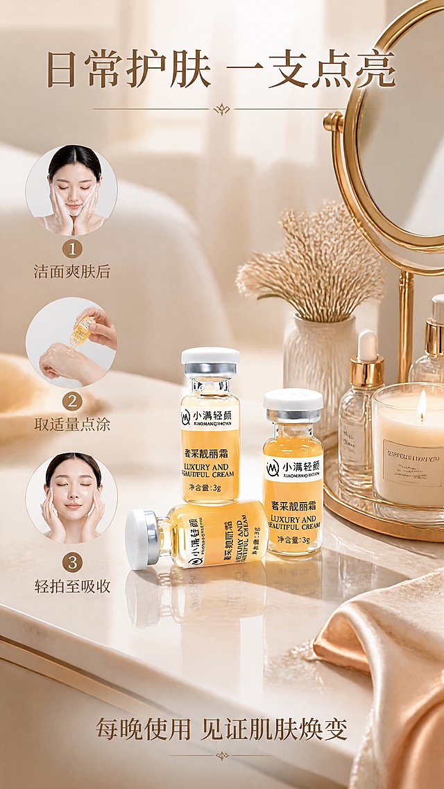 [第6张] 详情页使用场景-日常护肤流程梳妆台场景。本张使用【图2】作为商品主体，保留安瓶产品外观与原图一致。
[氛围/风格] 生活方式场景风，精致梳妆台场景，温馨高级，商业摄影质感，有代入感。
[元素布局] 画面为精致梳妆台一角，产品3瓶组合放置在大理石台面上，占比约35%；周围搭配香薰蜡烛、干花、化妆镜、护肤品小样、丝绸方巾等道具；背景是柔焦的卧室/浴室环境；画面左侧有3步使用步骤小图（圆形图标）；产品外观与输入图完全一致。
[光影质感] 自然光从侧方照入，温暖柔和，台面有自然倒影，整体明亮温馨，有生活仪式感。
[配色色系] 全局底色 #FAF3EB 奶杏色；主色暖金橙；辅助色米白、浅棕、大理石灰；点缀色金色装饰。
[视角构图] 45度俯视台面，产品居中偏右，阅读动线左步骤 → 中产品场景 → 底部文案。
[文字版式] 顶部标题「日常护肤 一支点亮」；左侧3个圆形步骤图标+文字：「① 洁面爽肤后」「② 取适量点涂」「③ 轻拍至吸收」；底部副标题「每晚使用 见证肌肤焕变」；字体温馨优雅。
[比例分辨率] 9:16竖版比例，4K分辨率，文字清晰可辨，高清画质。
[负向提示词] 产品变形，缺件错件，颜色偏差，标签文字错乱，水印，文字过小，优惠信息，价格。