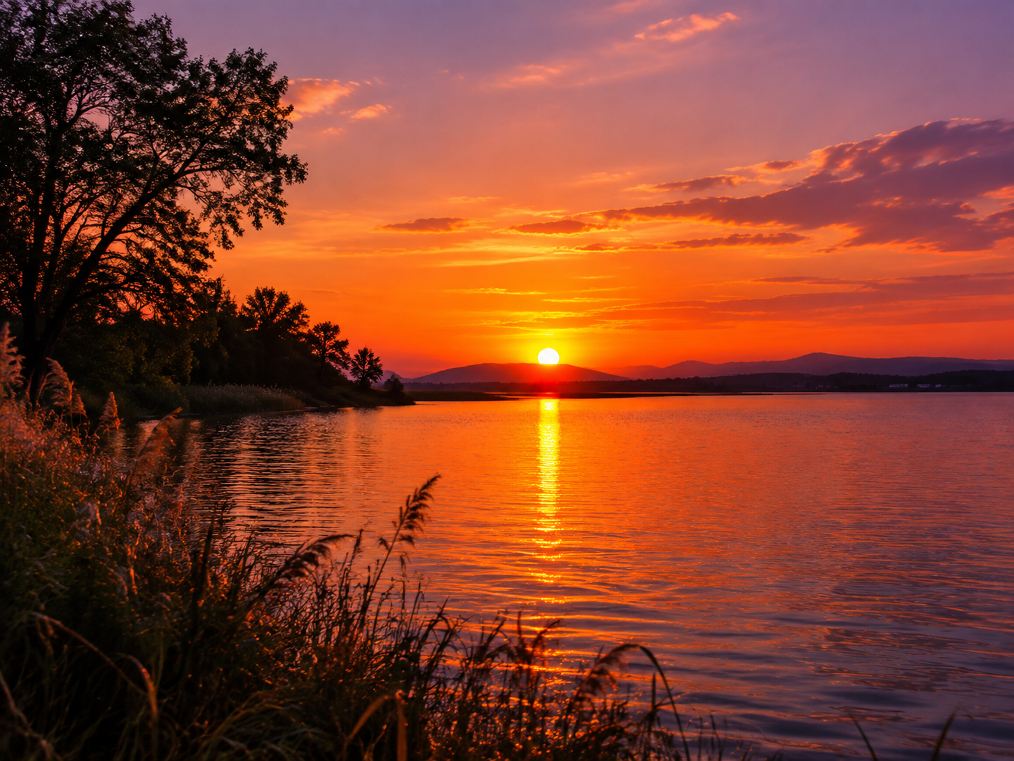 湖畔的夕阳风景照，金色的夕阳缓缓沉入湖面，天空被染成橙红色与粉… - 图片创意预览