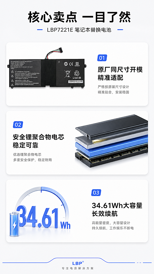 [第3屏] 核心卖点总览屏，LBP7221E笔记本替换电池核心优势展示。
[氛围/风格] 专业科技风，简约清晰，分层展示卖点，商业信息图文质感。
[元素布局] 本屏使用【图1】电池产品图，顶部大标题，中部三大卖点分层展示，底部预留品牌装饰。第一个卖点卡片：左侧放电池整体【图1】，右侧文字说明「原厂同尺寸开模 精准适配」；第二个卖点卡片：左侧文字说明「安全锂聚合物电芯 稳定可靠」，右侧电芯剖面示意图；第三个卖点卡片：左侧容量示意图，右侧文字说明「34.61Wh大容量 长效续航」。保持电池外观和输入产品图一致。
[光影质感] 均匀布光，每个卖点卡片光影清晰，产品图边缘轮廓分明，文字对比清晰，整体通透。
[配色色系] 全局底色：#F5F5F7（浅灰白）；主体配色：#1A1A1A（产品黑）+#2D5BFF（卖点蓝色）+#333333（文字黑）；辅助色：#FFFFFF（卡片白底）。
[视角构图] 从上到下分层瀑布流构图，每个卖点卡片占比均匀，图文左右错开，信息层次清晰。
[文字版式] 顶部大标题「核心卖点 一目了然」加粗黑色居中；每个卖点卡片内标题加粗，配1-2行说明文字，文字大小适合移动端阅读，不遮挡产品主体。
[比例分辨率] 9:16 竖版比例，4K分辨率，文字清晰可辨，超高清。
[负向提示词] 电池变形，结构错误，颜色偏差，文字错乱，水印，产品模糊，背景杂乱，卖点重叠，极限词