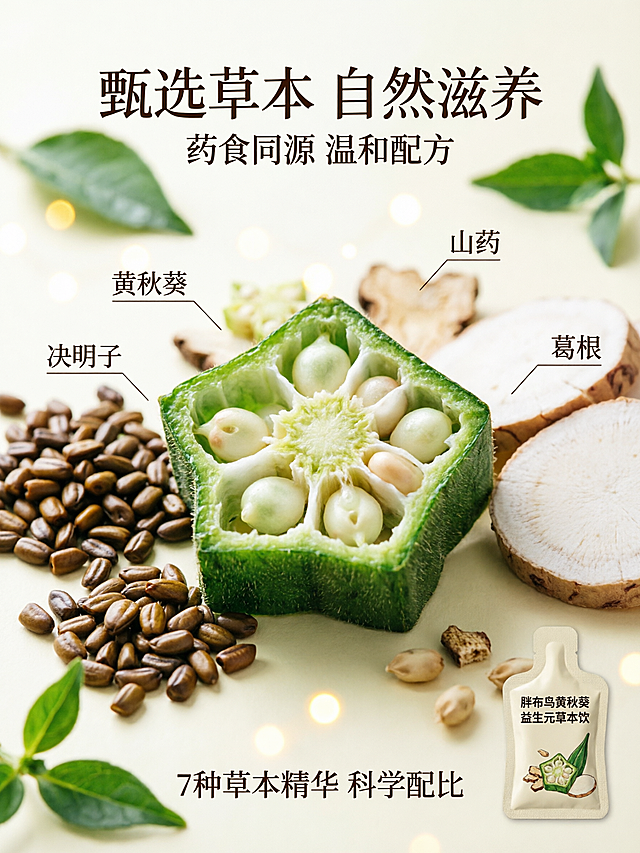 [第3张] 详情页核心成分页-胖布鸟黄秋葵益生元草本饮。本张为成分专张，以原料微距展示为主，产品包装作辅助，参考【图1】的成分展示信息层级风格。
[氛围/风格] 清新自然草本风，原料微距真实质感，温润高级，商业摄影级细节。
[元素布局] 画面主体为黄秋葵切片特写，占画面约40%，秋葵籽清晰可见，纹理细腻；周围环绕其他草本原料：决明子、葛根、山药等原料实拍，错落分布；右下角放置产品袋装小图作识别，占比约15%；背景为浅米色，点缀绿色叶片和金色光斑；原料元素合计占画面≥60%。
[光影质感] 侧上方柔和自然光，原料表面有自然高光，秋葵切面水润通透，整体明亮有食欲。
[配色色系] 全局底色 #F8F5EE 米白色；主色草本绿 #7BA05B；辅助色暖金色 #D4AF37；点缀色秋葵嫩绿色。
[视角构图] 原料平铺俯拍视角，阅读动线从顶部标题→中部原料主视觉→底部成分说明。
[文字版式] 顶部主标题「甄选草本 自然滋养」，副标题「药食同源 温和配方」，温润黑体；原料旁配引线标签「黄秋葵」「决明子」「葛根」「山药」；底部成分说明条「7种草本精华 科学配比」；文字不遮挡核心原料特写。
[比例分辨率] 3:4 竖版比例，4K分辨率，文字清晰可辨，高清画质。
[负向提示词] 产品变形，水印，文字错乱，原料不真实，医疗化表述，背景杂乱。