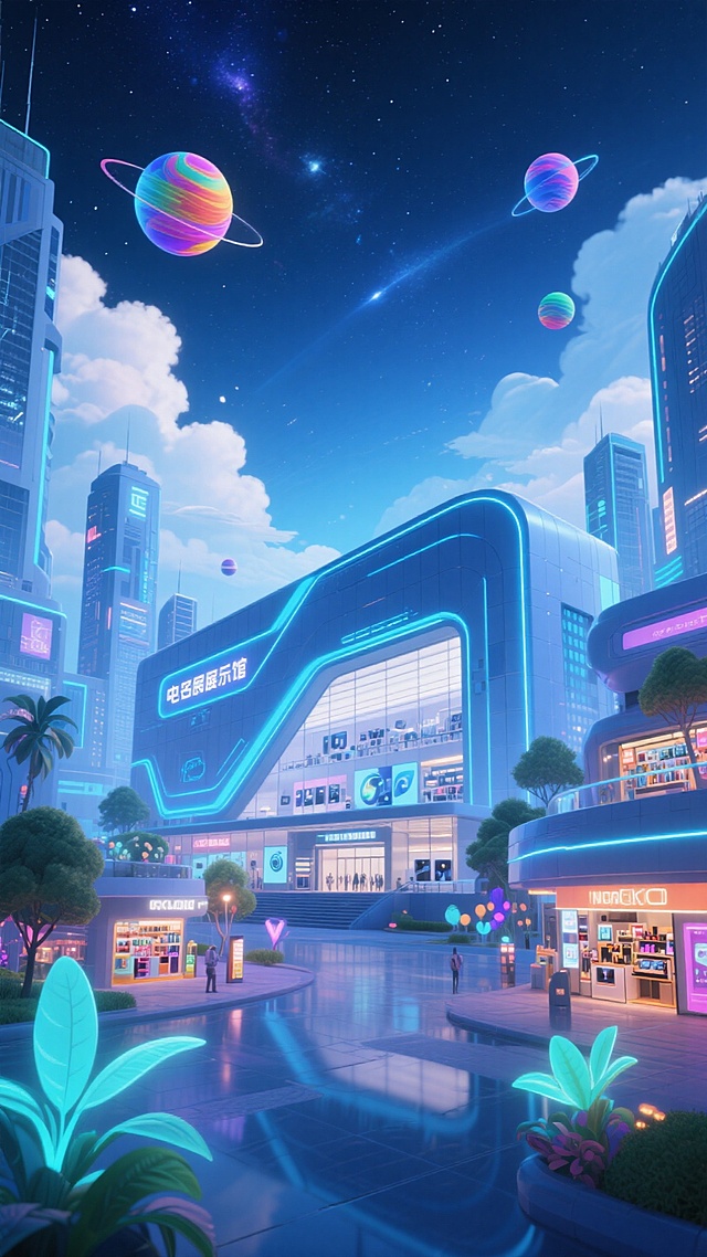 画面中心是巨型电子产品展示馆，周围有未来感城市建筑、彩色星球、云、商品店铺、奇特植物，背景是星空，低饱和蓝色调