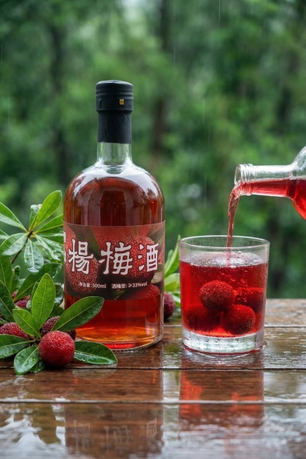 杨梅酒电商产品主图，商业摄影，雨天氛围，杨梅酒原瓶放置在画面左侧，保持瓶身标签文字“杨梅酒”和包装设计原样不变，保持瓶身物理结构不扭曲。画面右侧透明玻璃杯正在倒入鲜红杨梅酒，杯中漂浮新鲜杨梅，细密水珠预览效果