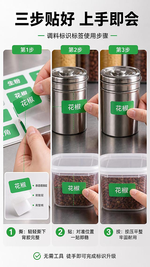 [商品] 使用【图1】餐厅调料标识标签套装；展示标签从撕下到粘贴完成的全过程；保留标签的背胶层、离型纸、粘贴后的平整效果；场景为不锈钢调料罐和塑料保鲜盒作为粘贴载体。
[画面] 目标：使用步骤演示页，降低使用门槛，展示操作简单。构图：横向三步流程排列，从左到右依次为：第1步"撕下标签"（手指捏住标签一角从底纸上撕下）、第2步"对准位置"（手持标签对准瓶身/盒面）、第3步"按压贴牢"（手指按压标签使其平整贴合）。每步下方有编号和说明。顶部为标题区。主体占比：三步流程占画面65%。景别：近景特写。阅读动线：从上到下，再从左到右三步。前中后景：前景手部与标签动作，中景调料瓶/盒，后景浅灰操作台背景。
[视觉] 套系策略：风格=商用厨房专业整洁商业摄影风；标题字=粗黑体醒目大字；正文字=清晰无衬线黑体；主色=不锈钢银灰+暖白；背景延展=基于银灰色做深浅层级、金属质感渐变和不锈钢台面反光；强调色=标签绿（#2ECC71），仅用于小面积图标、引线、高亮标签和重点数字；标题色=深炭黑；正文色=中灰；组件=圆角信息卡、细线引线、彩色标签图标；光影=顶部暖白柔光，不锈钢表面有自然反射。
[文字] 顶部主标题"三步贴好 上手即会"。三步编号配文："① 撕：轻轻撕下 背胶完整""② 贴：对准位置 一贴即稳""③ 按：按压平整 牢固耐用"。底部小字"无需工具 徒手即可完成标识升级"。所有文字横向排版，编号用绿色圆形底白字突出。
[规格] 图片比例9:16竖版，4K分辨率，淘宝/天猫详情页适配，中文文案。避免变形、错字、文字过小、动作不自然、标签起皱失真。