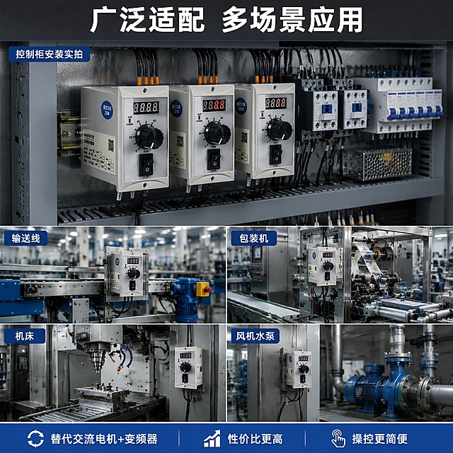 [主图-4] 无刷调速控制器应用场景与操作展示 多场景适用。
[氛围风格] 真实工业应用场景 专业工作台 实操感。
[画质] 商业场景摄影质感 光线自然 产品融入环境真实。
[元素] 画面上半部分为大型主场景 工业电气控制柜内部 无刷调速控制器安装在导轨上 旁边有接触器 端子排等电气元件 线缆连接整齐 控制器数显屏亮着 产品外观与输入图一致。下半部分为四个小场景宫格 左上 自动化输送线设备 右上 包装机械 左下 小型机床 右下 风机水泵控制。每个宫格中都有该控制器的应用示意。背景为工业蓝灰色调。商品主体在主场景中占比适中 自然融入。画面满屏无边框。
[光影] 主场景为机柜内照明光 柔和均匀 控制器面板有清晰光照 数显屏发光。四个宫格各有各自场景的自然工业照明 整体明亮专业。
[配色] 主色工业蓝 深灰 辅色金属银 橙色点缀 白色文字。
[视角构图] 上下结构 上半部分大场景平视 下半部分四宫格 整体饱满。
[文字版式] 顶部大标题"广泛适配 多场景应用" 白色粗体大字 居中 深灰底。主场景左上角标签"控制柜安装实拍"。四个宫格上方各有场景名称 "输送线""包装机""机床""风机水泵"。底部通栏蓝底白字 分三列 "替代交流电机+变频器""性价比更高""操控更简便"。
[输出要求] 1:1比例 文字清晰可辨 超高清商业摄影质感。
[负向提示词] 变形 文字错乱 产品模糊 背景杂乱 水印 电商平台Logo 二维码 多余的手 畸形手 人物面部扭曲。
