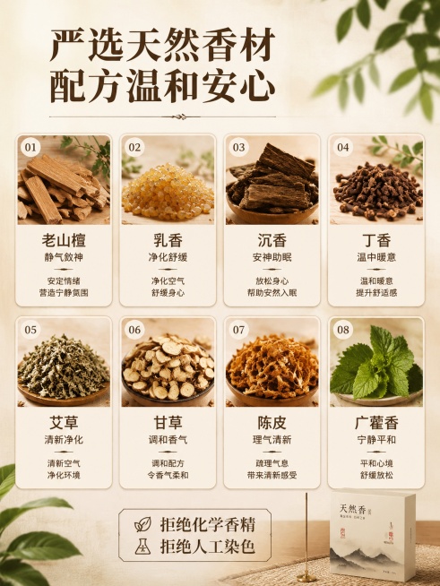 [第3屏] 成分功效-严选天然香材配方展示。
[氛围/风格] 自然纯净质感，专业成分展示风，浅原木质感背景
[元素布局] 8种核心香材卡片均匀排列在画面中，每种香材配实物示意图和功效文字；主标题放置在预览效果